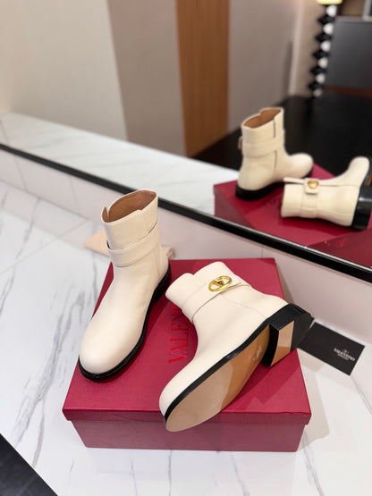Valentino Women Ivory Leather Ankle Boots