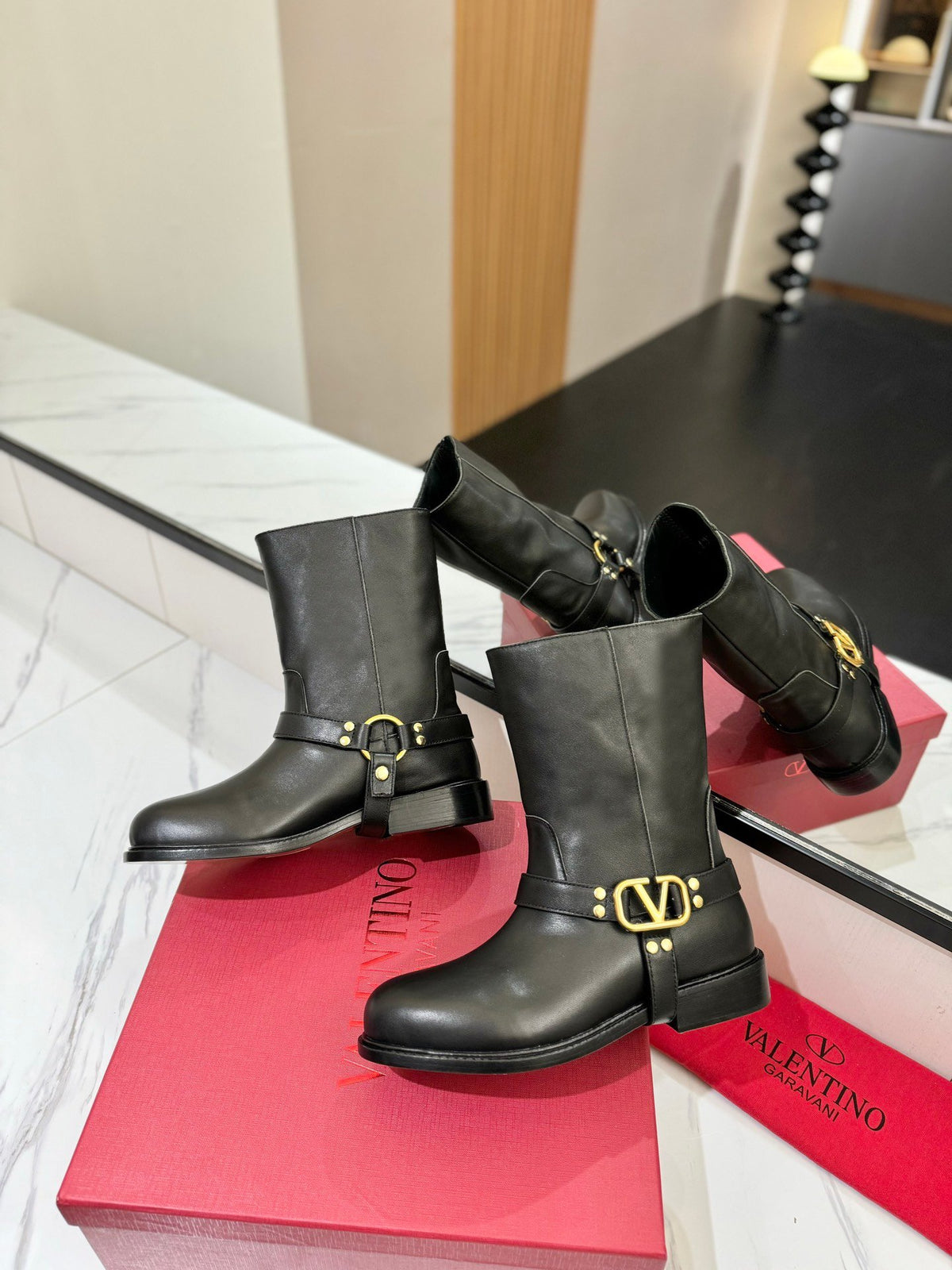 Valentino Women Black Leather Mid-Calf Boots