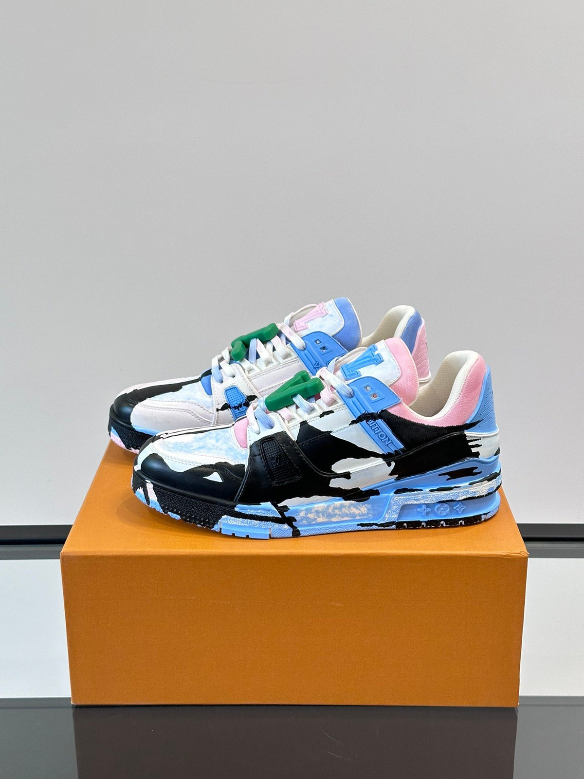 LV Men White Pink Blue Leather Sneakers