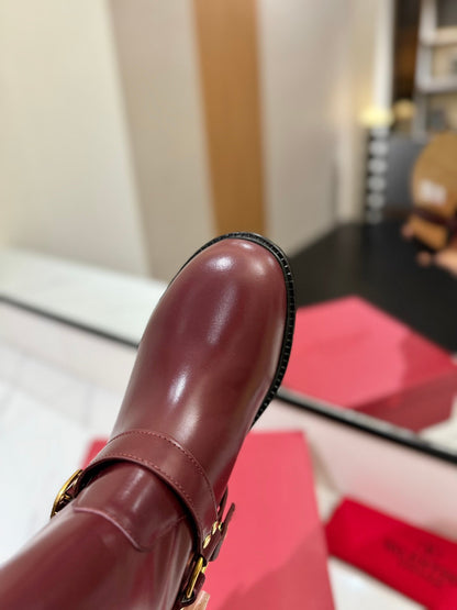 Valentino Women Burgundy Leather Mid-Calf Boots