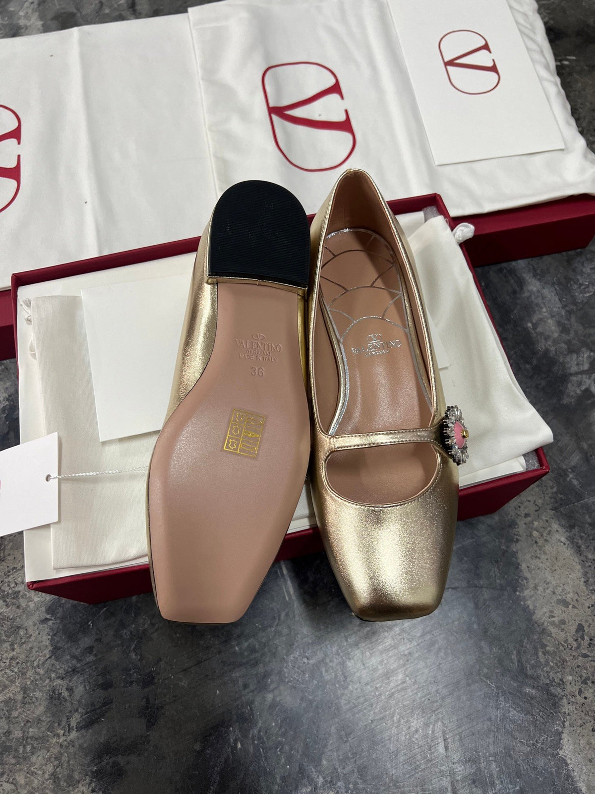 Valentino Women Gold Leather Embellished Flats
