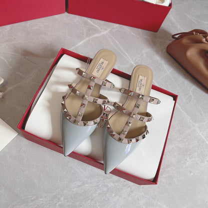 Valentino Women Light Blue Patent Leather Studded Mules