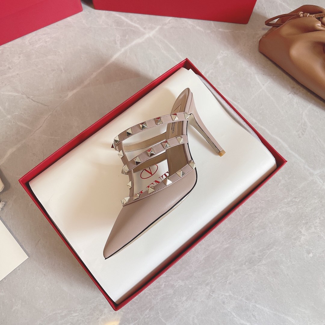 Valentino Women Beige Leather Studded Mules