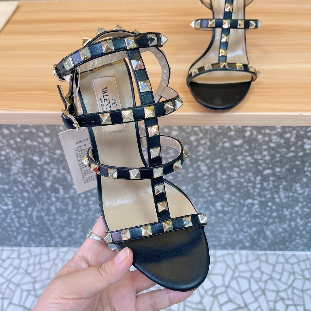 Valentino Women Black Leather Studded Strappy Heels