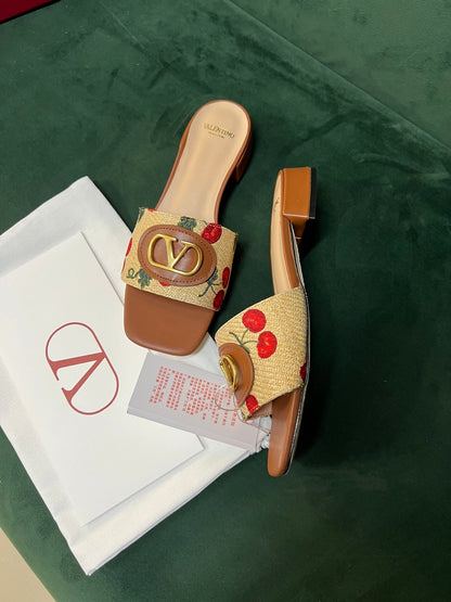 Valentino Women Brown Leather Canvas Floral Mules