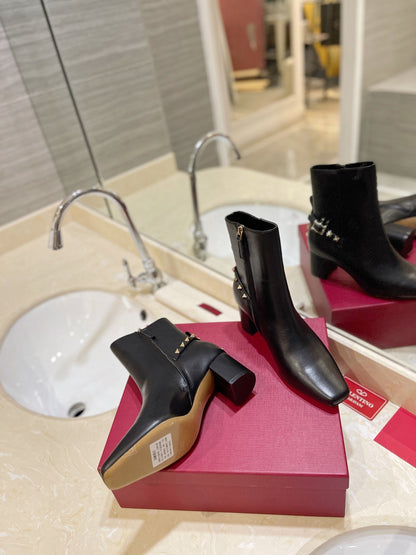 Valentino Women Black Leather Studded Ankle Boots