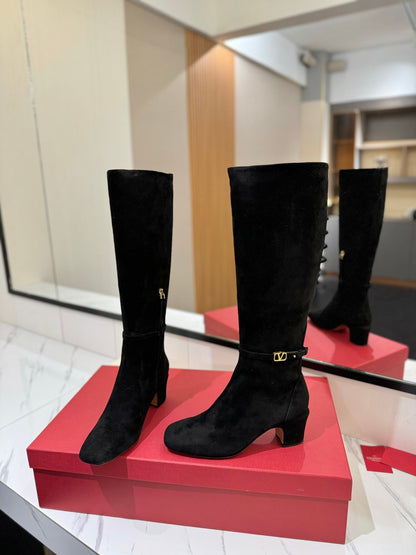 Valentino Women Black Suede Mid Heel Boots