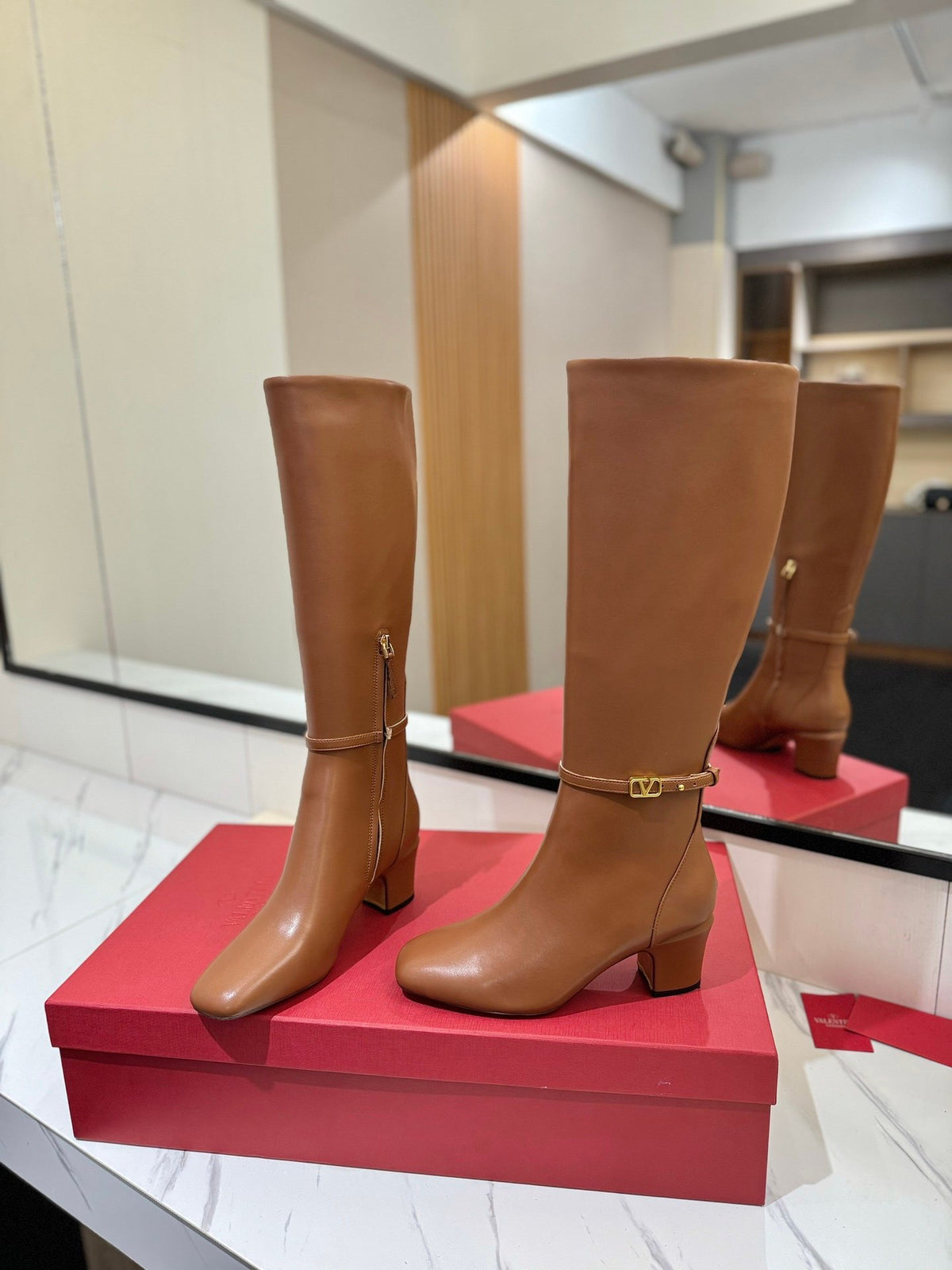 Valentino Women Tan Leather Mid-Calf Boots