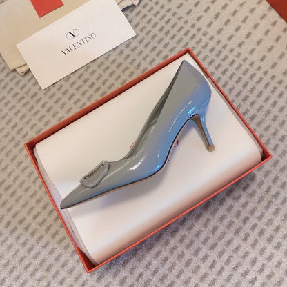 Valentino Women Gray Patent Leather Pointed Pumps
