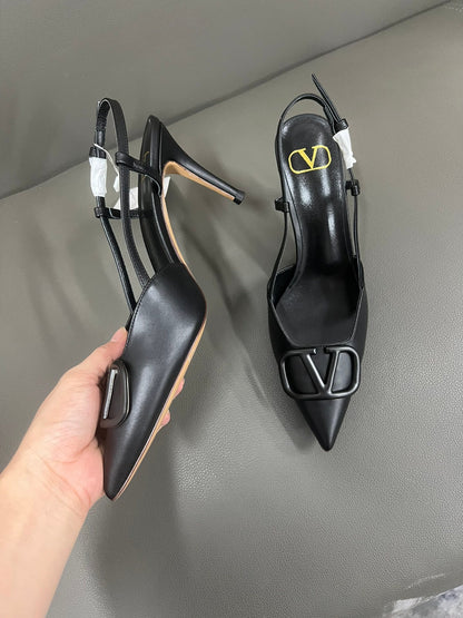 Valentino Women Black Leather Pointed Slingback Pumps
