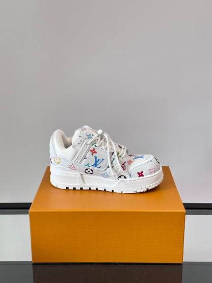 LV Men White Leather Multicolor Pattern Sneakers