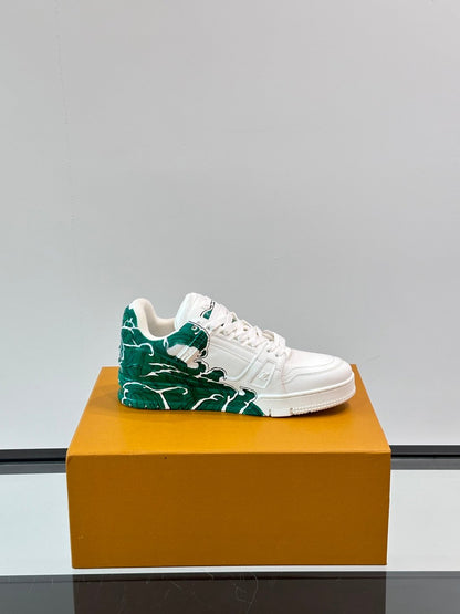 LV Men White Leather Sneakers With Green Graphic