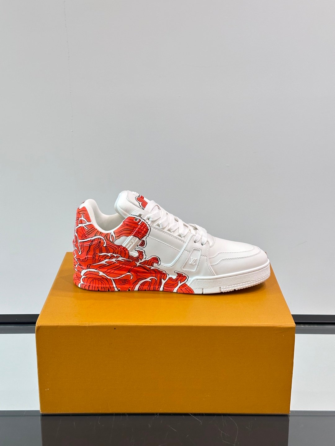 LV Men White Leather Sneakers With Red Floral Design
