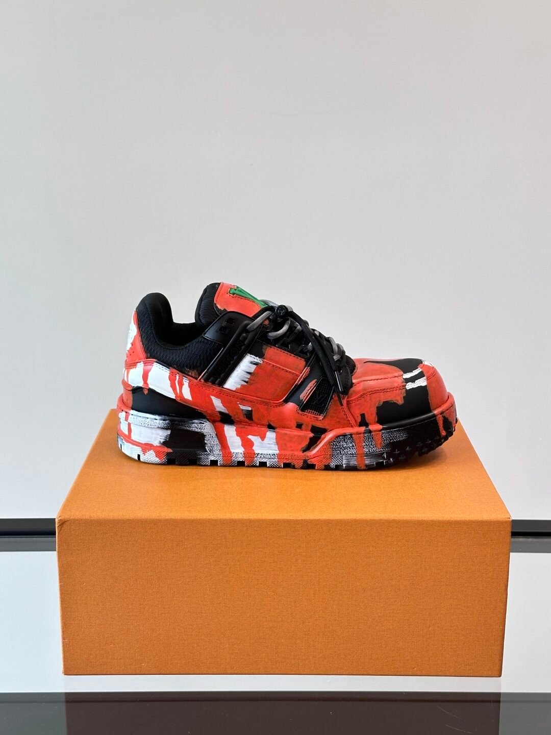 LV Men Red Black Leather Sneakers