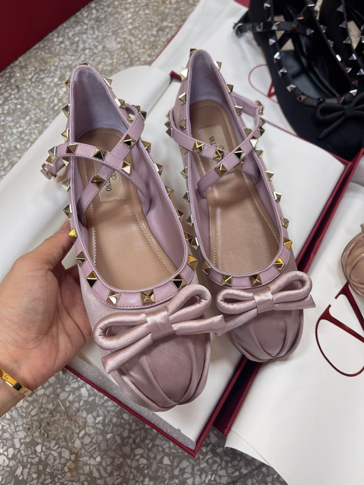 Valentino Women Pink Satin Studded Flats