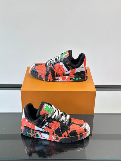 LV Men Black Red Painted Leather Sneakers