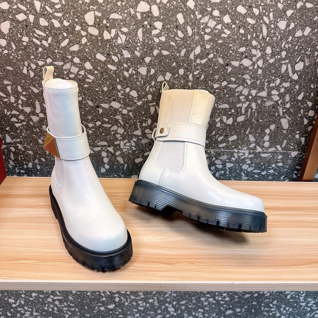 Valentino Women White Leather Strap Boots
