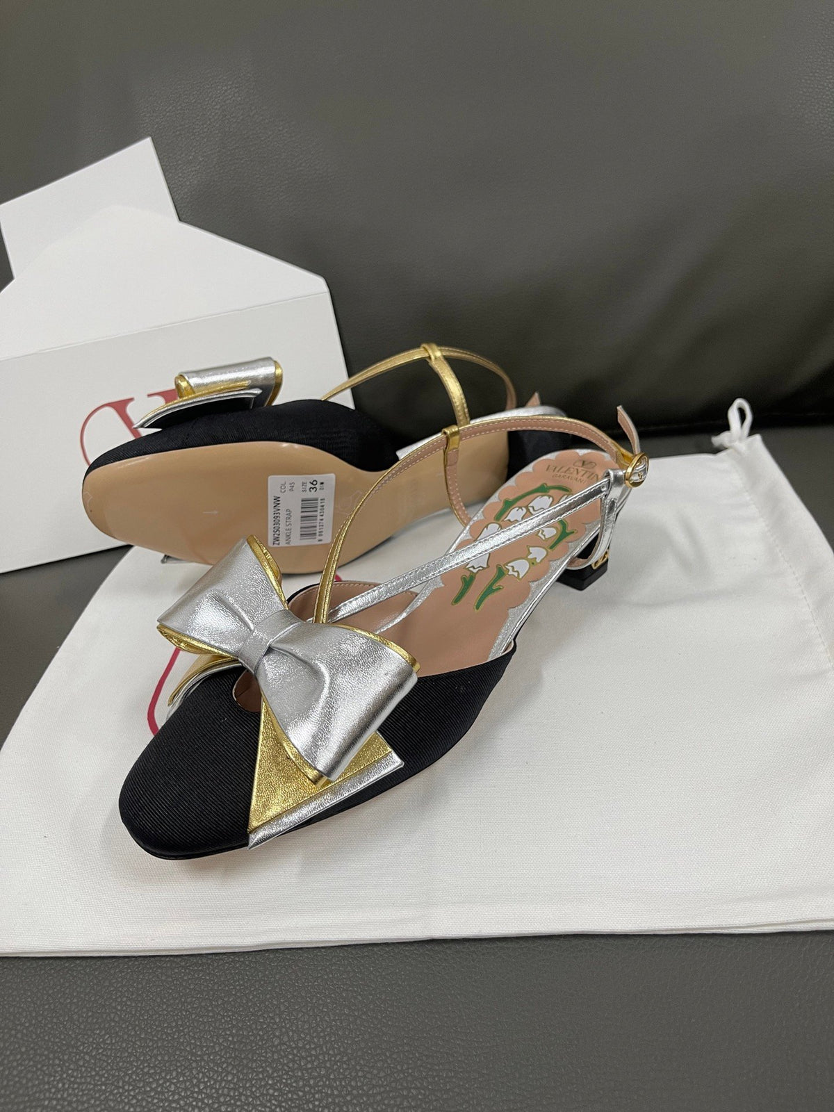 Valentino Women Black Satin Silver Gold Leather Heels