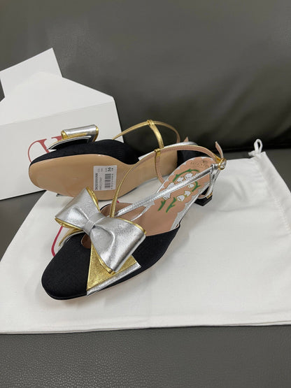 Valentino Women Black Satin Silver Gold Leather Heels