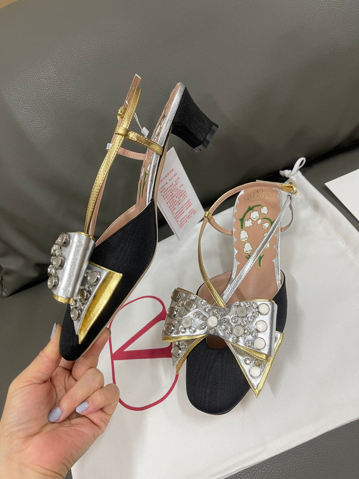 Valentino Women Black Silver Leather Bow Slingback Flats