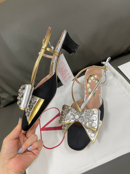 Valentino Women Black Silver Leather Bow Slingback Flats