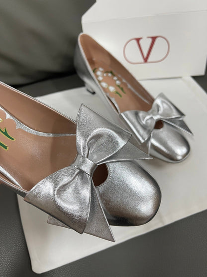 Valentino Women Silver Leather Bow Detail Flats