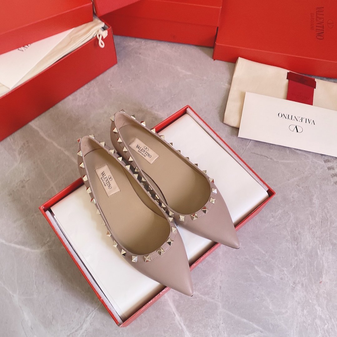 Valentino Women Beige Leather Studded Flats