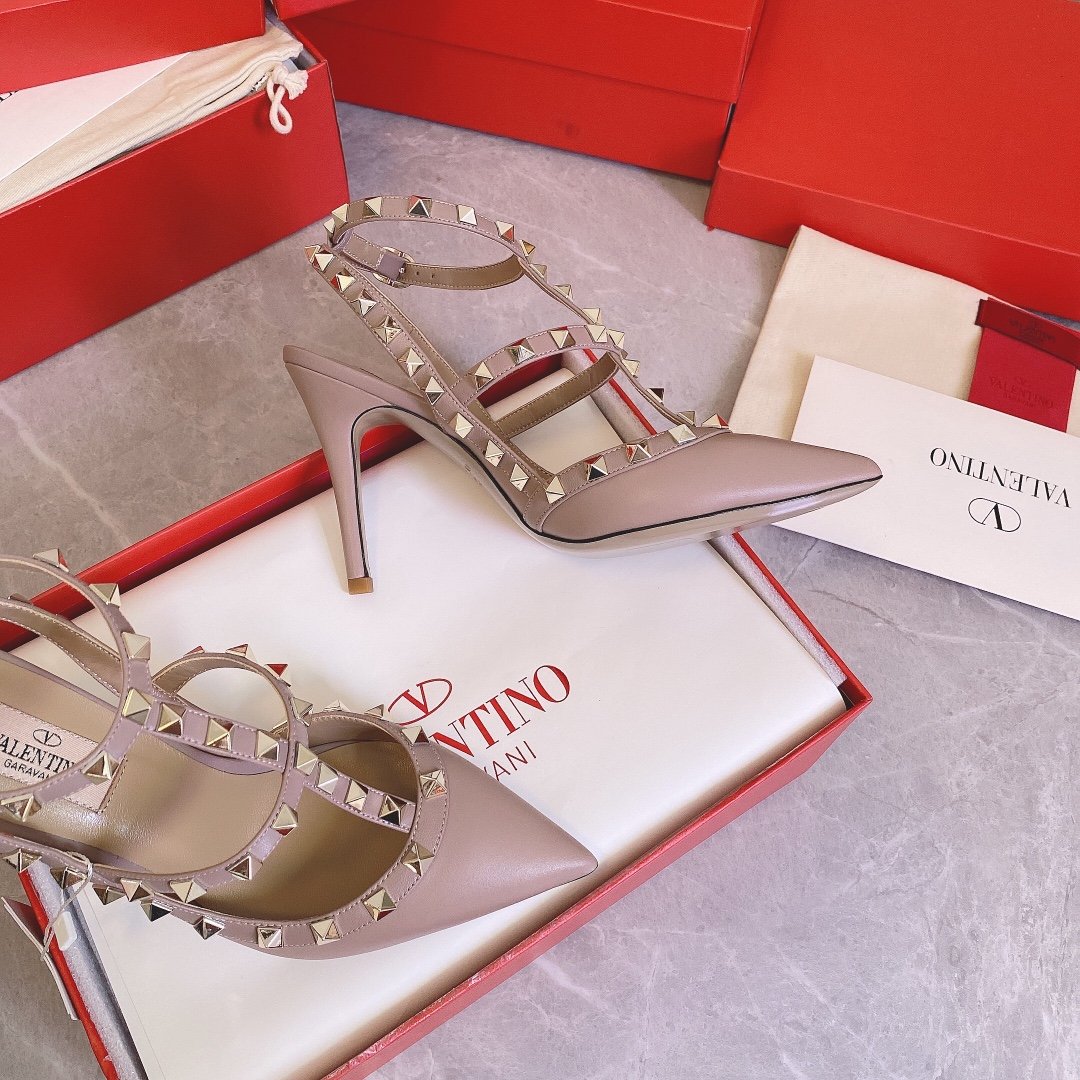 Valentino Women Beige Leather Studded Pumps