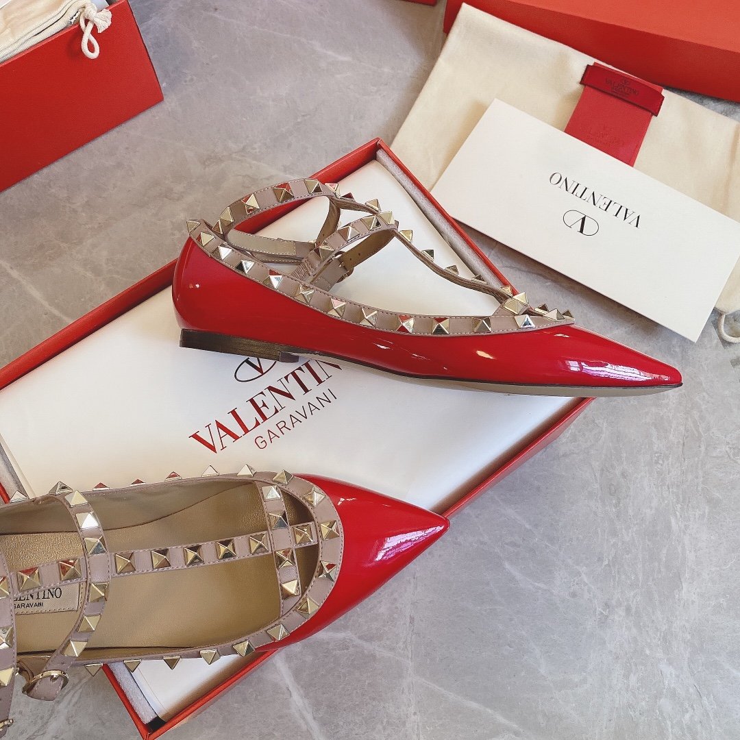 Valentino Women Red Patent Leather Studded Flats