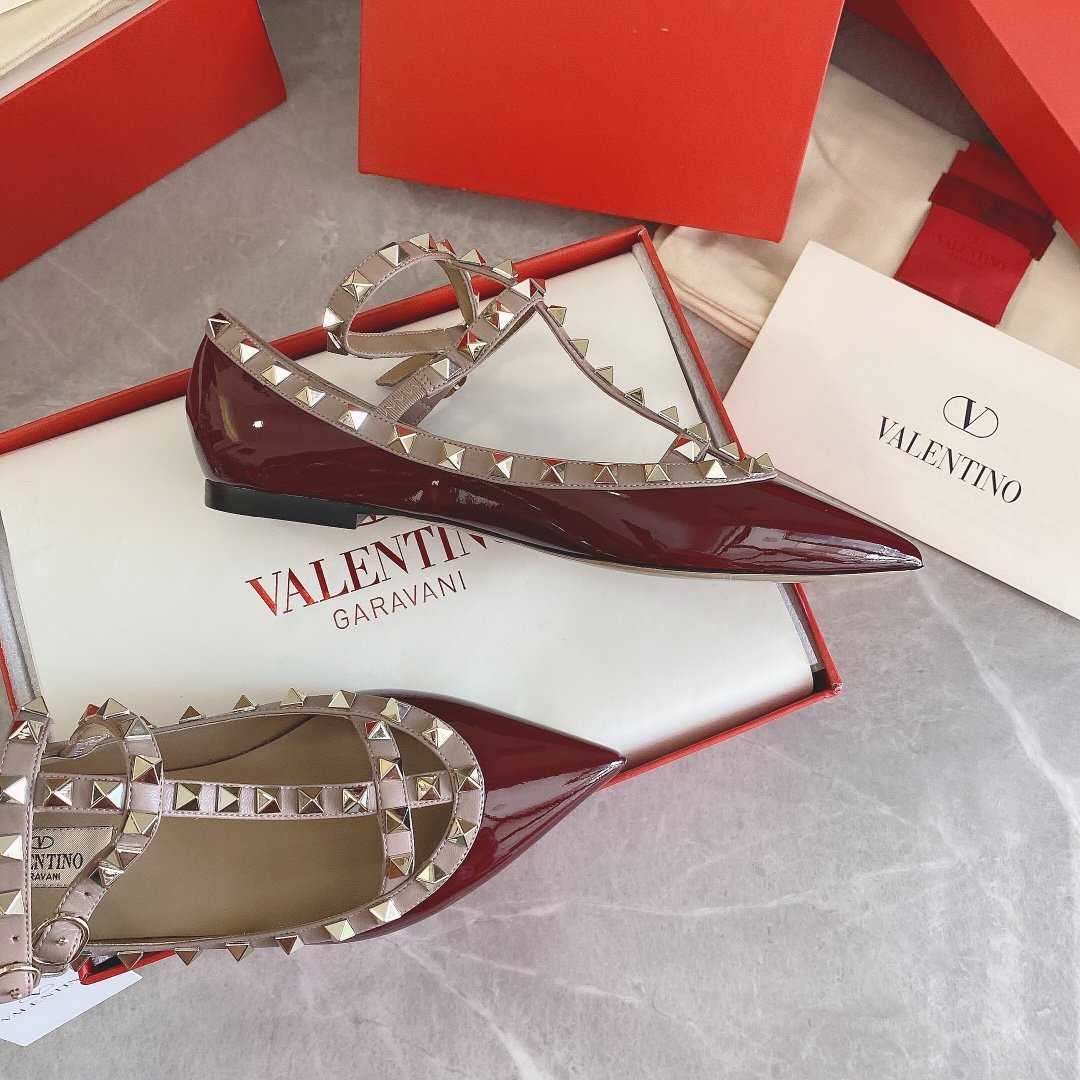 Valentino Women Burgundy Patent Leather Studded Flats
