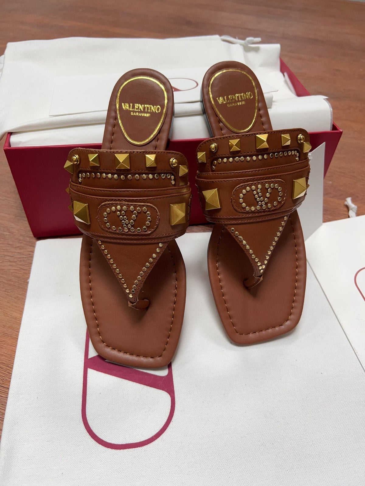 Valentino Women Brown Leather Studded Sandals