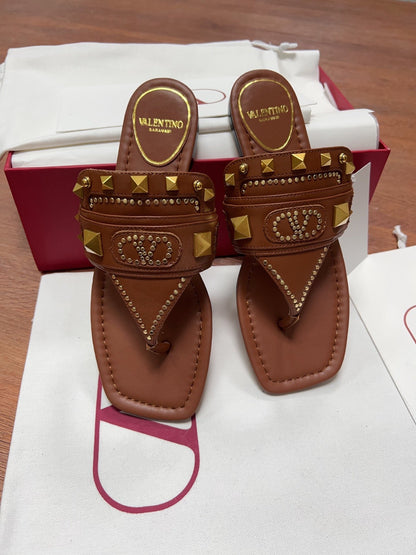 Valentino Women Brown Leather Studded Sandals