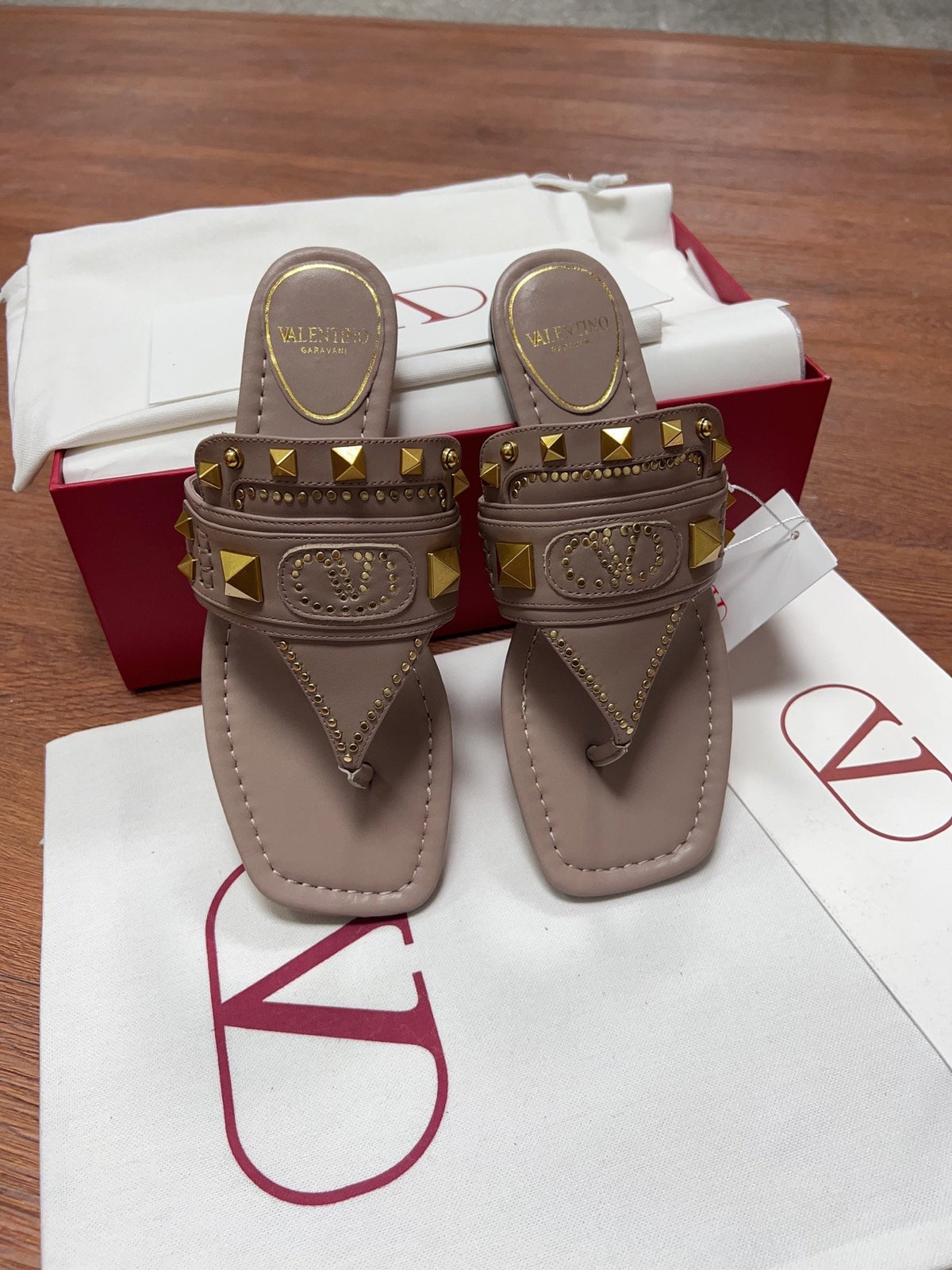 Valentino Women Taupe Leather Studded Sandals