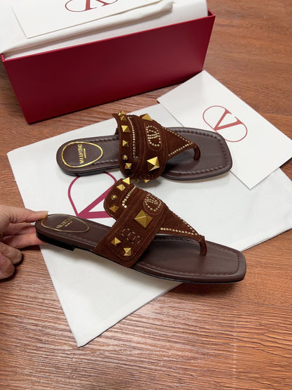 Valentino Women Brown Suede Studded Flats