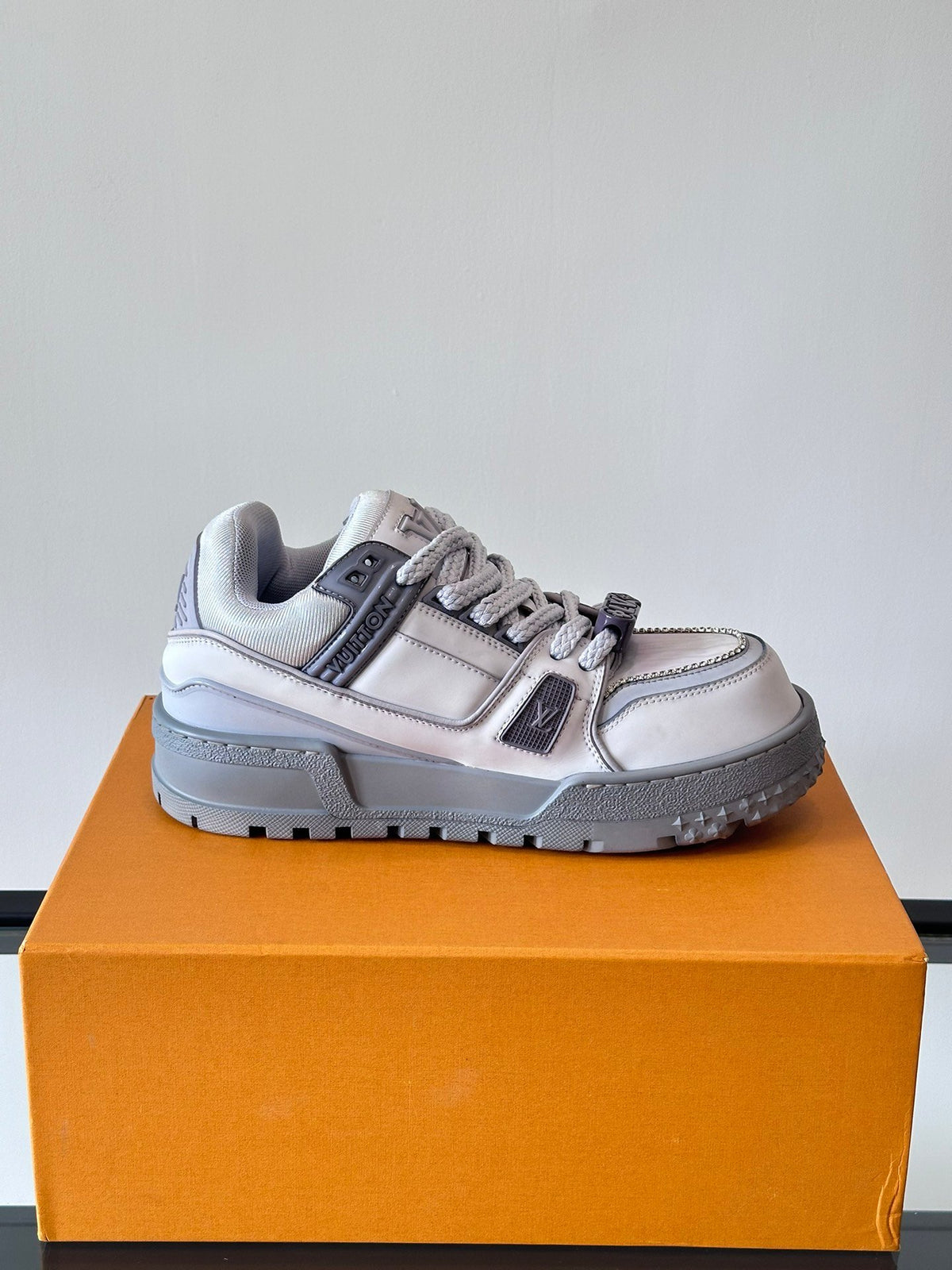LV Men White Leather Gray Accents Sneakers