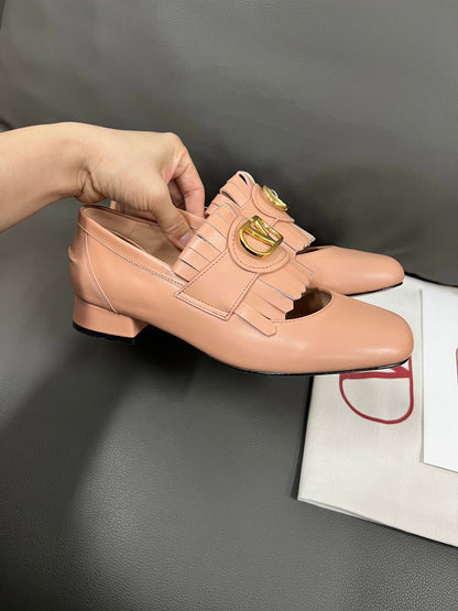 Valentino Women Pink Leather Fringe Loafers