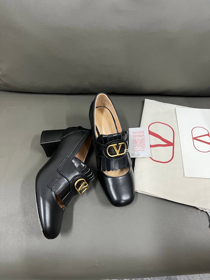 Valentino Women Black Leather Fringe Loafers