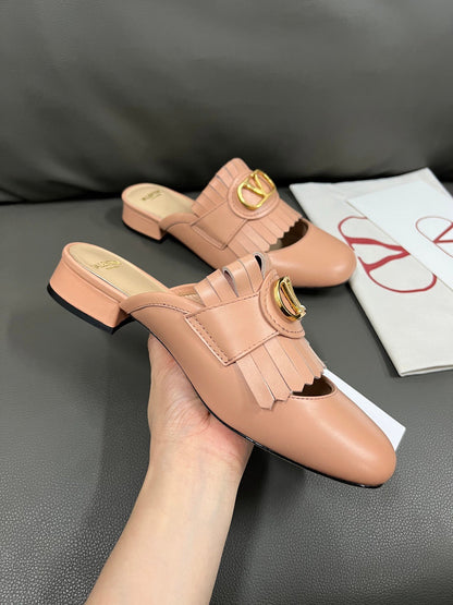 Valentino Women Pink Leather Fringe Mules