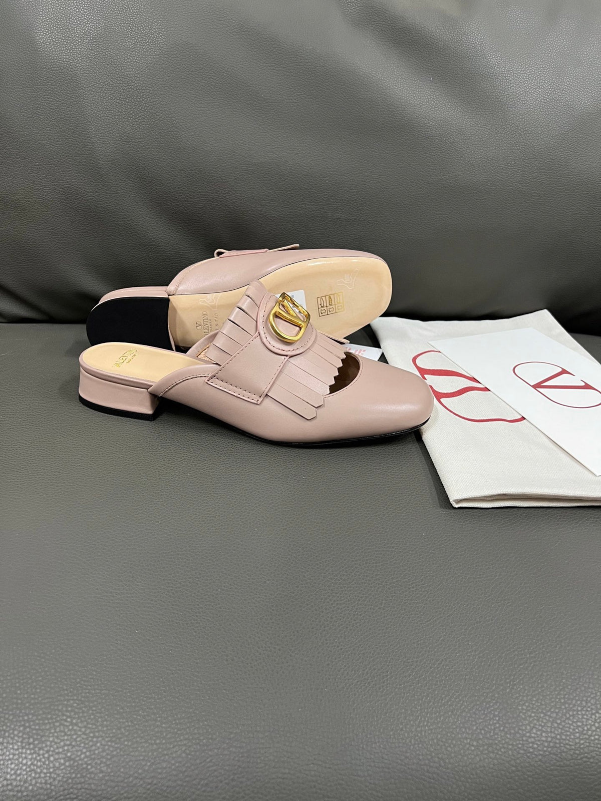 Valentino Women Pink Leather Fringe Mules