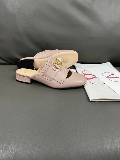 Valentino Women Pink Leather Fringe Mules