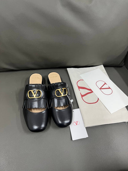Valentino Women Black Leather Fringe Mules
