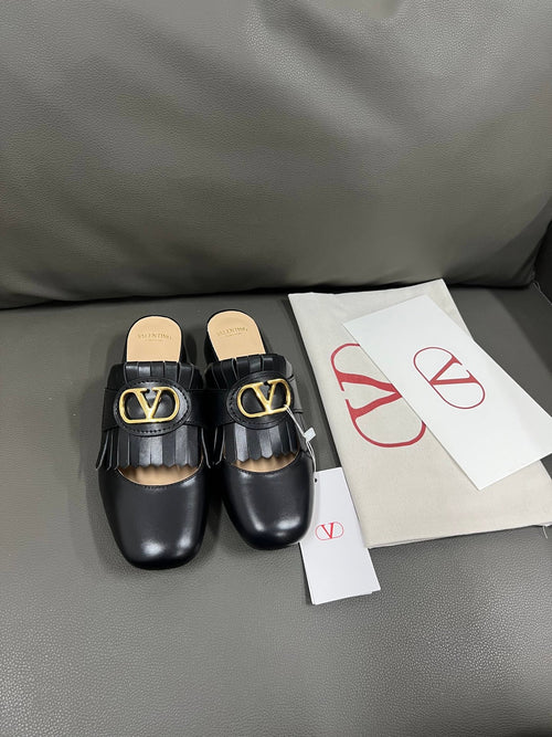 Valentino Women Black Leather Fringe Mules