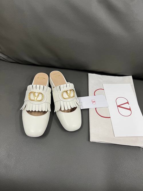 Valentino Women White Leather Fringe Mules