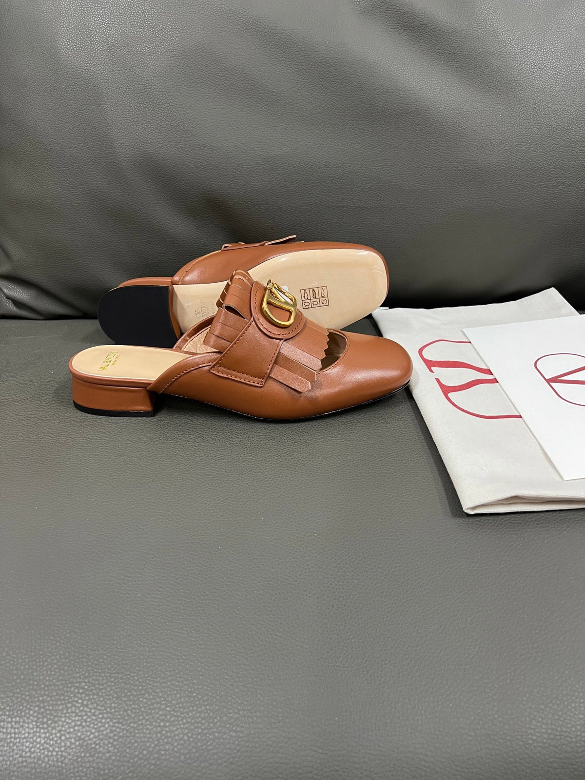 Valentino Women Brown Leather Fringe Mules