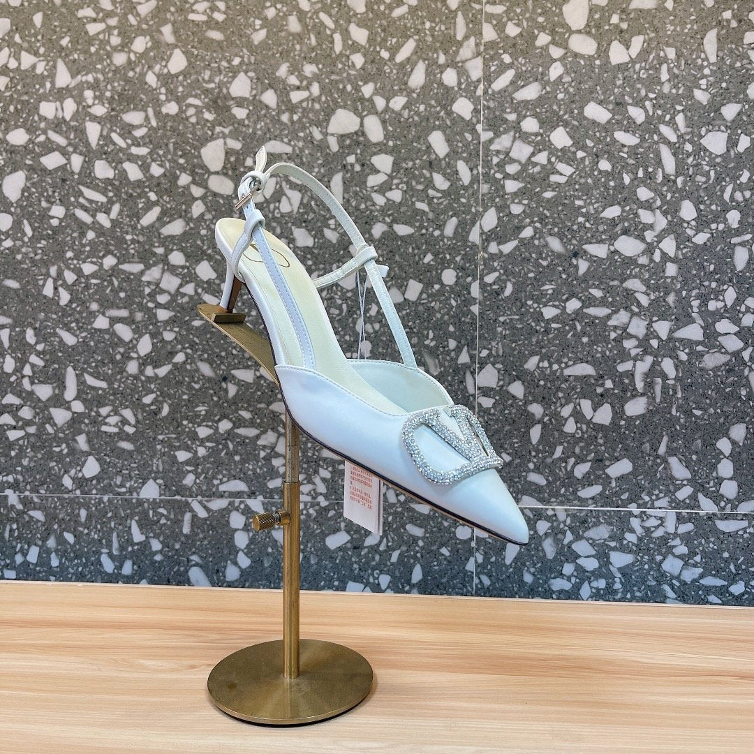 Valentino Women White Leather Pointed Slingback Pumps