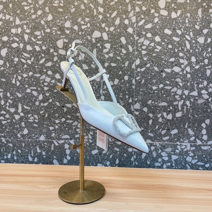 Valentino Women White Leather Pointed Slingback Pumps