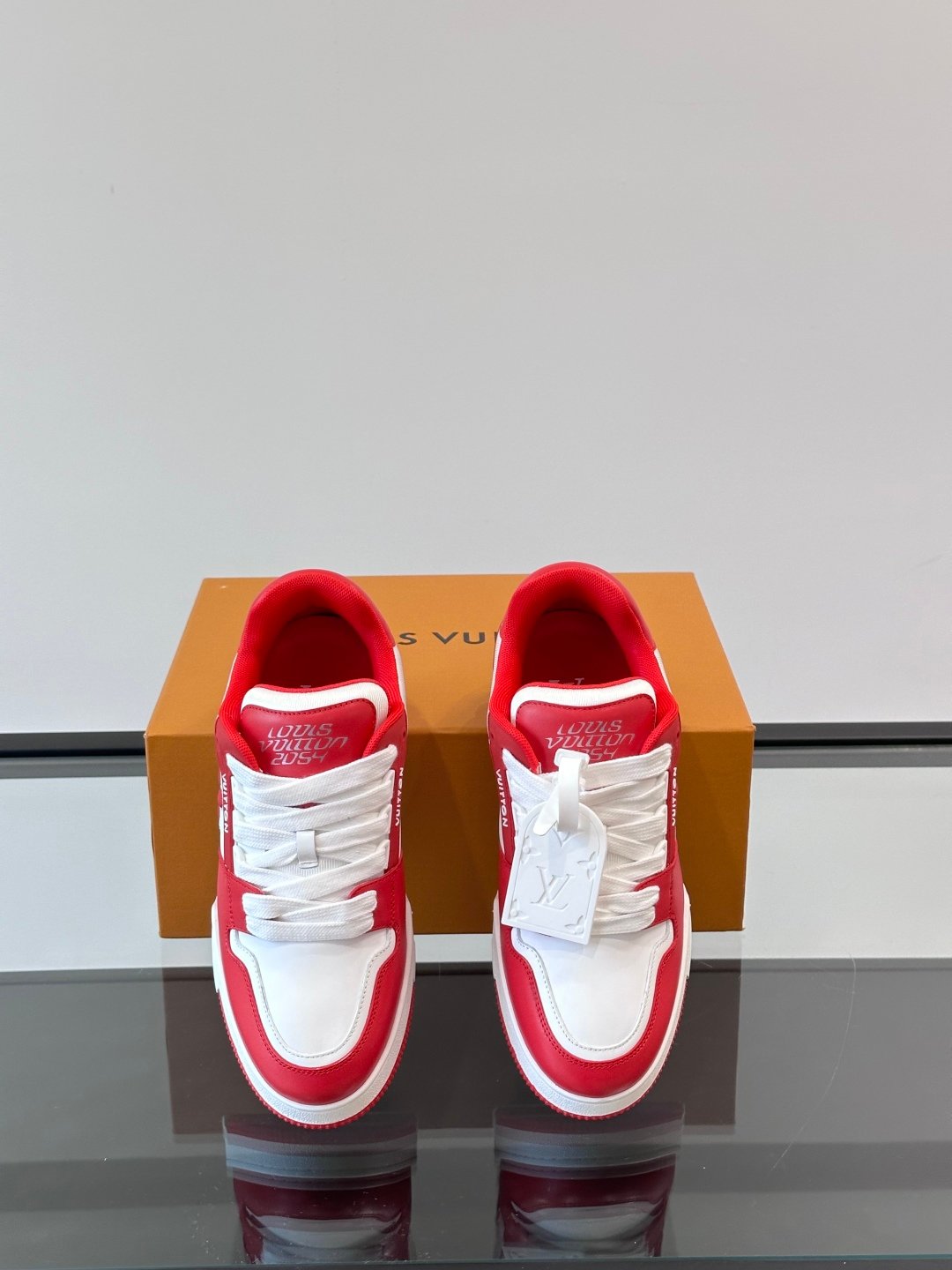 LV Men Red White Leather Sneakers