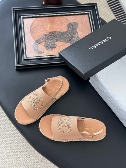 Chanel Women Beige Canvas Crystal Logo Sandals