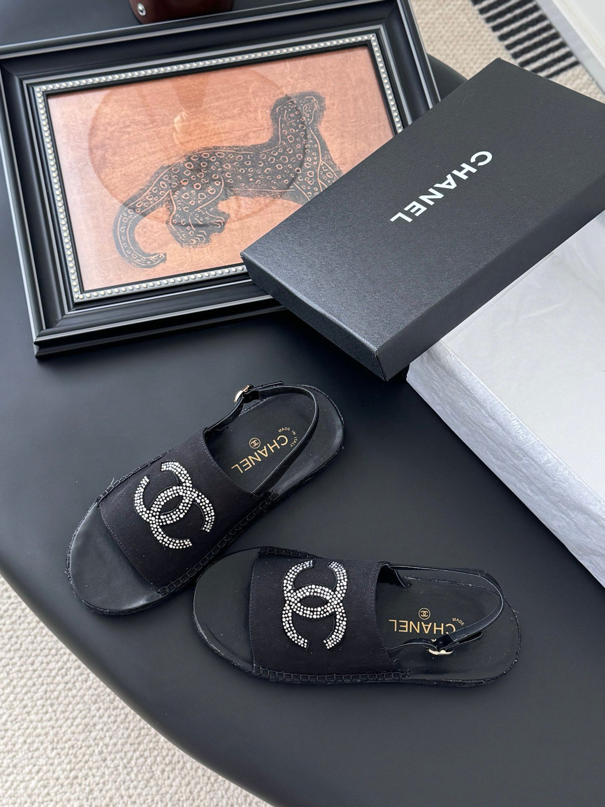 Chanel Women Black Fabric Logo Embellished Sandals
