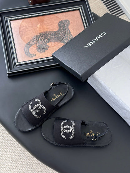 Chanel Women Black Fabric Logo Embellished Sandals